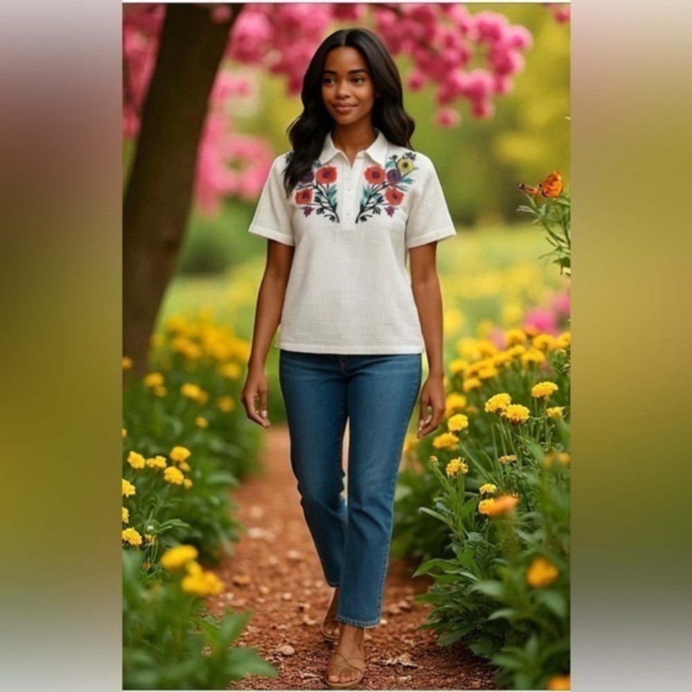 Kiwe floral embroidered multicoloured textured top, snap closures short sleeve🌸